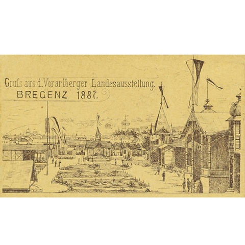 Zur Ausstellung entstand ein bemerkenswertes postalisches Produkt: Während einige Jahre später Ansichtskarten schon millionenfach verschickt wurden, gab es 1887 erst die sogenannten Vorläufer, unscheinbare Karten mit Abbildungen auf braunem Karton, die man als Correspondenzkarten verschicken konnte. © Vorarlberger Landesbibliothek/Ansichtskartensammlung Richard Huter