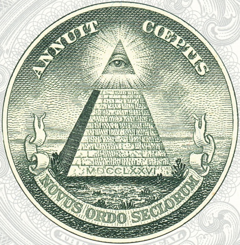 Dieses Bildelement der Ein-Dollar-Note zeigt eine unvollständige Pyramide, über der das Auge der Vorsehung und der lateinische Schriftzug „Annuit coeptis“ prangt. Unterhalb befindet sich der Schriftzug „Novus ordo seclorum“ – für viele Verschwörungstheoretiker ein wichtiger Beweis einer globalen Verschwörung des Illuminatenordens oder der Freimaurer.<br><br>Fotos: Jürgen Bauer/Suhrkamp Verlag, wikipedia