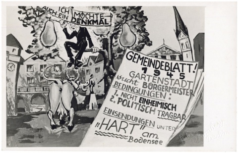 Auf der Schmähkarte aus dem Dornbirner Wahlkampf 1950 wurde der aus Hard gebürtige Dornbirner Bürgermeister G.A. Moosbrugger als „nicht einheimisch“ angegriffen.<br><br>Foto: stadtarchiv Dornbirn/Foto Rhomberg, Dietmar Stiplovsek, beigestellt