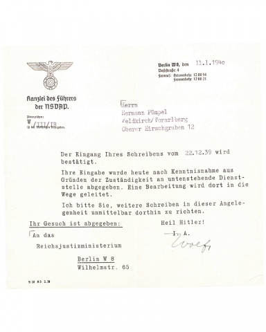 Rückmeldung der Kanzlei des Führers und Reichskanzlers auf das Gnadengesuch. © Vorarlberger Landesarchiv/Misc.28