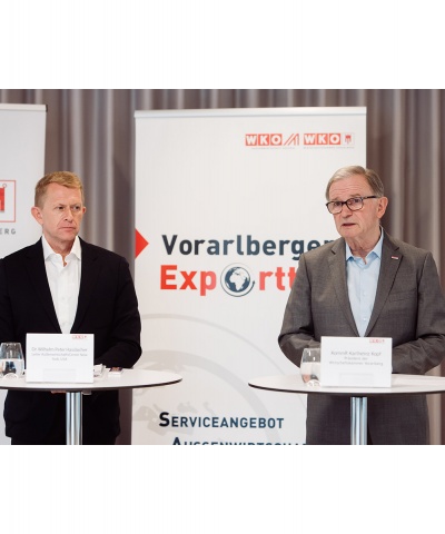 Wirtschaftsdelegierter Hasslacher (l.), WKV-Präsident Kopf: „Export als Lebensader Österreichs und Vorarlbergs.“ Foto: Lisa Mathis
