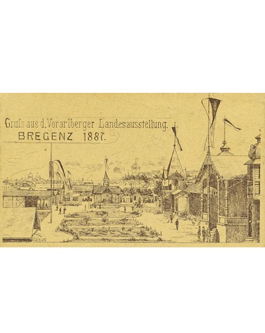 Zur Ausstellung entstand ein bemerkenswertes postalisches Produkt: Während einige Jahre später Ansichtskarten schon millionenfach verschickt wurden, gab es 1887 erst die sogenannten Vorläufer, unscheinbare Karten mit Abbildungen auf braunem Karton, die man als Correspondenzkarten verschicken konnte. © Vorarlberger Landesbibliothek/Ansichtskartensammlung Richard Huter