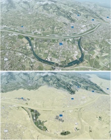 Das untere Bild zeigt das Gefährdungsszenario und damit auch die Bedeutung des Projekts: Einem 300-jährigen Hochwasser würden die Dämme jetzt nicht standhalten, das Rheintal würde metertief unter Wasser stehen.