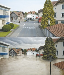 Diese Fotomontage zeigt, wie hoch das Wasser in Lustenau bei einem Dammbruch stehen würde – hier zu sehen die Kreuzung Radetzkystraße/Maria-Theresien-Straße.